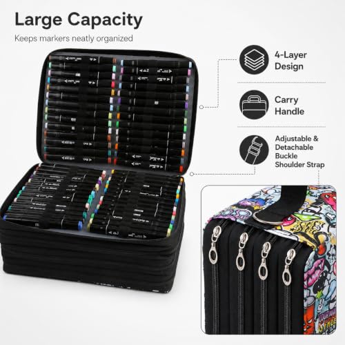 Image of 224-Slot Marker Organizer Bag, 4-Layer Case with Strap | 224-slot 4-layer marker bag in twill Oxford fabric with handle, detachable strap, smooth zipper for studio and outdoor use.