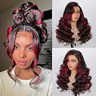 Red Burgundy Highlight Wigs Human Hair Ombre Skunk Strip Body Wave Red And Black 9x6 Lace Closure Colored Wig Human Hair 9x6 HD Lace Frontal Wigs 200 Density Pre Plucked For Women 28 Inch