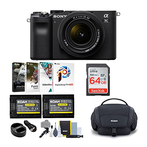 Sony Alpha a7C Full-Frame Mirrorless Camera with FE 28-60mm f/4-5.6 Lens (Black) Bundle with Rechargeable Battery and Charger, Gadget Bag with Kit, Software Suite, 64GB Memory Card (5 Items)