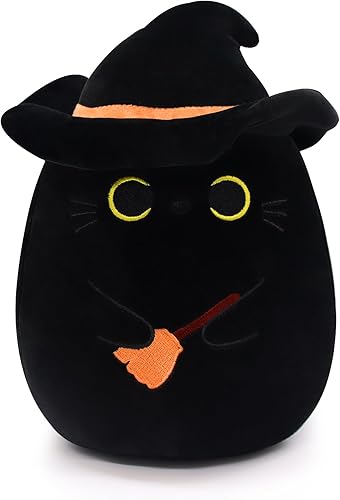 Miniatura 1 de Leokawin Almohada de gato negro, juguete de peluche de gato negro, suave juguete de peluche de Halloween con sombrero, linda bruja de peluche de