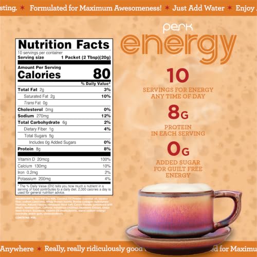 Image of Perk Energy Drink Mix (Vanilla Caramel Steamer) 10 Stick Packs, Gluten-Free | Caffeinated Healthy Coffee Alternative with Protein, 100mg of Caffeine, Soy-Free, Peanut-Free