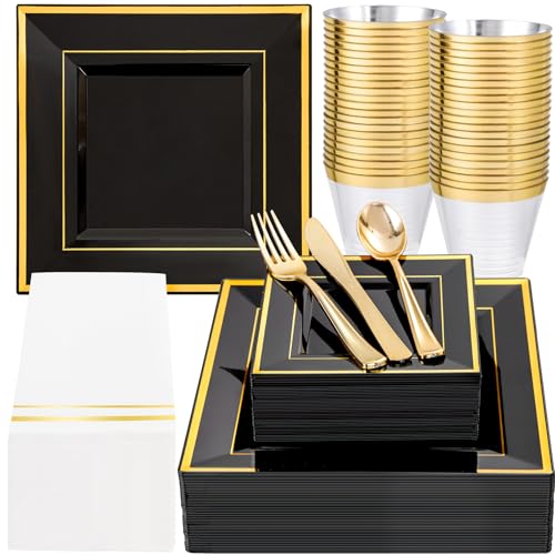 Festiva 350Pcs Black and Gold Plastic Plates-50Guests Disposable Square Black Dinnerware Set include...