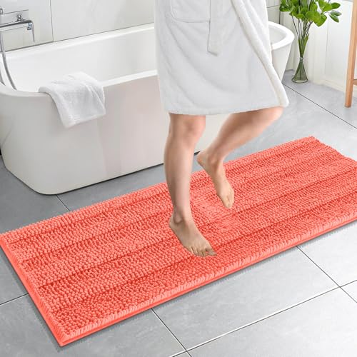 Image of OLANLY Thick Bathroom Runner Rugs 59x20, Absorbent Chenille Striped Bath Rugs, Rubber Backing, Machine Wash Dry, Extra Long Bath Mats for Bathroom Floor, Tub and Shower, Home Decor Accessories, Coral