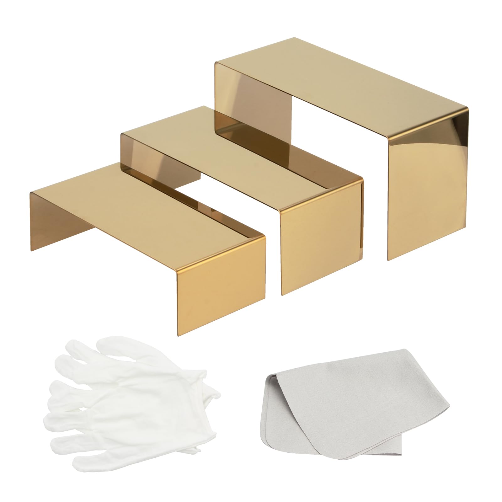 3 Pcs Perfume Display Stand, Gold Stainless Steel Riser, Metal Countertop Display Riser Jewelry Stand Desserts Shelf for Retail Store Tabletop Dolls Figures Cosmetics Showcase, 3.9" Widen