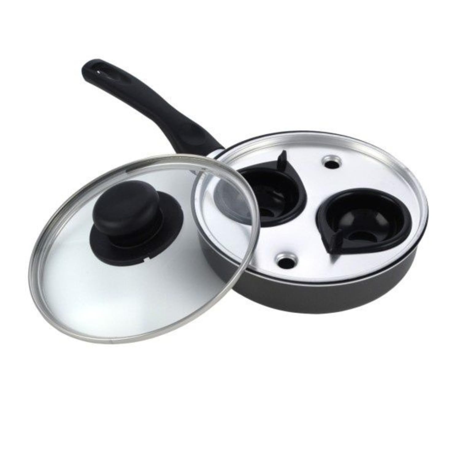 Easy Shopping® 2 Cup Egg Poacher Pan Non Stick Egg Poaching Pan Aluminium Poached Egg Maker, 20cm with Glass Lid and Grip Black Handle