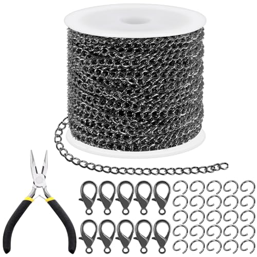 Tanstic 102Pcs 30 Feet Jewelry Making Chains Necklace Chains Bulk Cable Link Chain with 50Pcs Jump Rings, 50Pcs Lobster Clasps, Pliers for Bracelet Necklace Making(Gun Black)