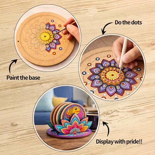 Image of Mind Pilot Dot Mandala Coaster Painting Kit for Adults | 4 Pre-Marked 4 inch + 2 Pre-Marked 7 inch MDF Coasters & Hangings | Lotus Stand | 6 Acrylic Paints, Dotting Tools & Brushes | DIY Home Decor & Return Gift | Beginner Friendly