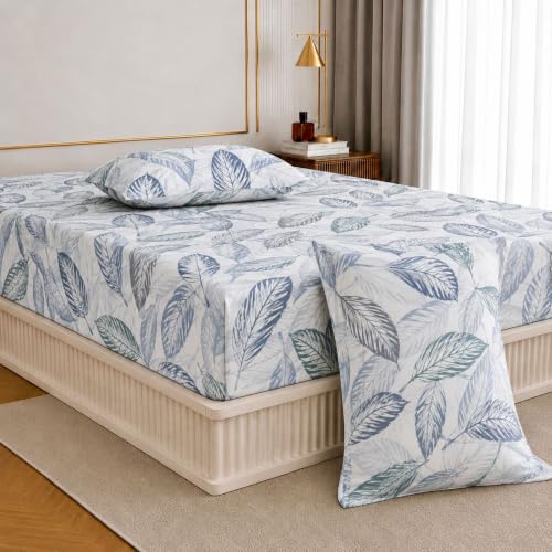 Image of Jaipur Weaves Queen Size Fitted Bedsheet Cotton with Elastic, 100% Pure Cotton Double Bed Fitted Sheet with 2 Pillow Covers, 240 TC, 60x78 Inches up to 8-inch Mattress, Leafy Design - (Tealish Blue)