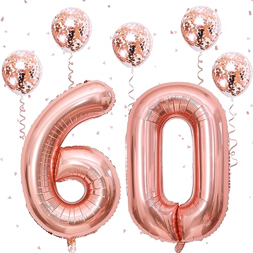 Image of 60th Birthday Number Balloons for Women, Giant 60 Number Balloons Foil with Rose Gold Confetti Balloons, 40 Inch Self Inflating Balloons for Girls 6th Birthday Party Anniversary Decor Supplies