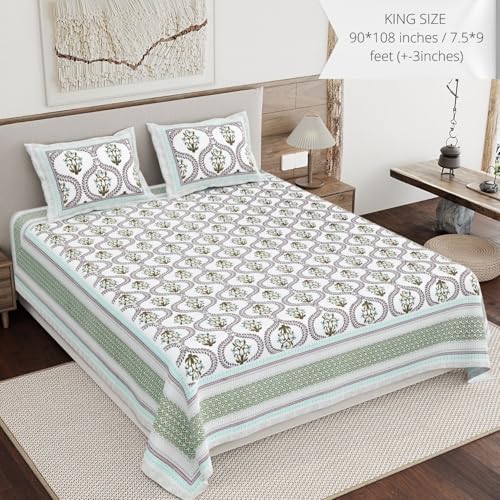 Image of Living Roots Ethnic Jaipur Block Print Double Cotton Bedsheet & 2 Pillow Covers, for Mattress Upto 6 inches Thick, No Colour Bleeding, Olive Green Colour, King Size 90 * 108 inches, 120TC (604-C)