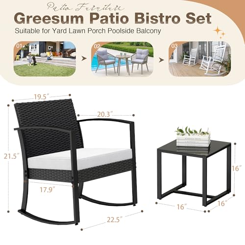 Image of Greesum 3 Pieces Outdoor Furniture Set Patio Bistro Rocking Chairs with Glass Coffee Table for Pool Beach Backyard Balcony Porch Deck Garden, White