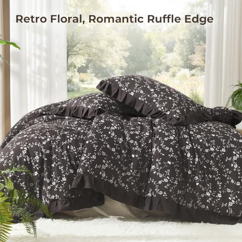 Image of Litanika Floral Ruffle Full Size Comforter Set, 3 Pieces Purple Farmhouse Aesthetic Soft Lightweight Fluffy Bedding Comforter Sets for Girls Women, All Season (79x90In Comforter, 2 Pillowcases)