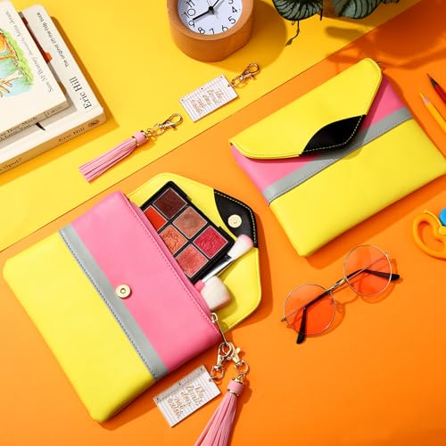 2 Pack Back to School Teacher Appreciation Gift Bags Pencil Pouch Makeup Faux Leather Bags with Pink Tassel and Inspirational Keychain Thank You Gift for Teacher First Day of School Supplies4