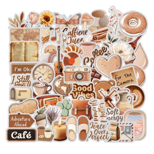 Image of Aesthetic Vintage Sticker Pack of 60 - Waterproof Vinyl Coffee, Cottagecore & Cozy Lifestyle Stickers for Laptop, Journal, Scrapbook, Notebook, Water Bottle & DIY Decoration