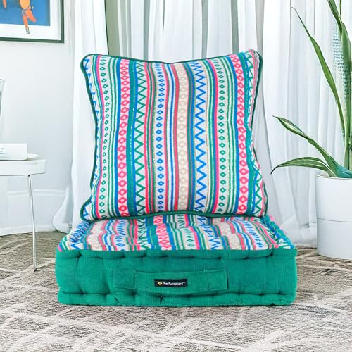 Image of Woven Quilted Floor Cushion Set 50x50x10 CM Green Boho with Fillers & Back Cushion, Large Size for Seating, Patio Seat, Meditation, Yoga, Pooja, Guests, Living 20x20x4 Inch
