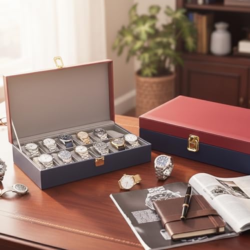 Image of MDF Unisex Faux Leather Watch Organiser Box with 12 Slots | Color: Maroon-Blue