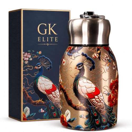 Image of Mini Stainless Steel Insulated Water Bottle 300 ml, Double Wall Vacuum Thermal Flask, Leak-Proof Travel Bottle with Peacock Print Design, Portable Hot & Cold Drink Bottle, Pack of 1