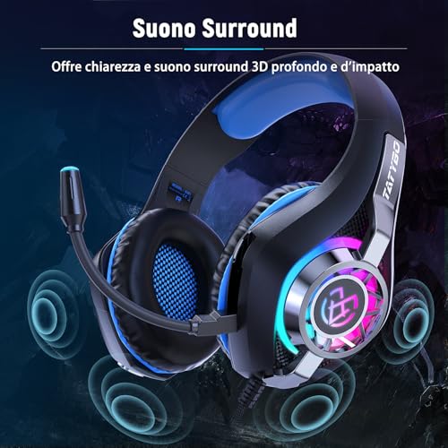 Cuffie Gaming, Cuffie Gaming con Microfono Noise Cancelling, Stereo Bass Deep, Cuscinetti Auricolari Proteici, per Ps4 Ps5 PC Xboxone Switch, Blu - Cuffia gaming - Immagine 1