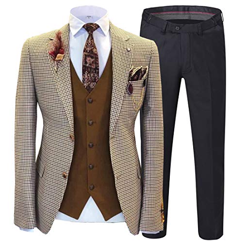 Men's 3 Piece Suit with Houndstooth Blazer Retro Tweed Scottish Tux Suit Set - Houndstooth Blazer, Pants, Vest