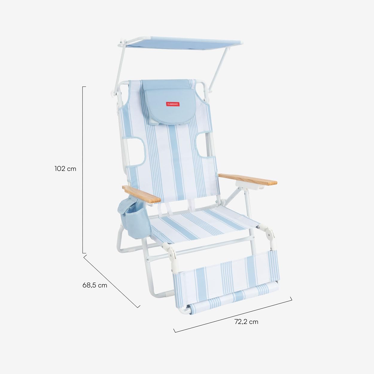 Flamingueo Silla Playa Plegable - Agujero Acolchado Cabeza y Brazos - 5 Posiciones - Parasol Ajustable UPF 50+ - Asas Mochila - Reposapiés y Reposabrazos - Bolsillo Insulado - Aluminio y Poliéster