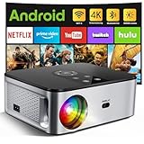 HORLAT Beamer 4K Heimkino Unterstützt, 25000 Lumen, Beamer Full HD 1080P Android 9.0, WiFi 6 Bluetooth Projektor, Auto/4P Trapezkorrektur, 50% Zoom, Smart Beamer mit YouTube/Prime Video
