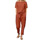 2 Piece Outfits for Women Summer Cotton Linen Casual Matching Set Short Sleeve T Shirts and Capri Pants with Pockets
