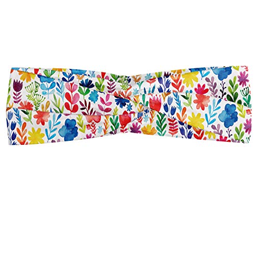 Ambesonne Floral Headband for Women, Vibrant Watercolor Brush Stroked Spring Flowers Tulips Roses Pansies and Wild Herbs, Elastic Comfy Hair Accessory Knotted Head Wrap Everyday Use, XS-S, Multicolor image 3