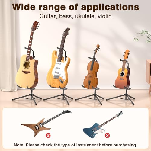 Image of New Bee Guitar Stand, Height Adjustable Foldable Guitar Stand with Secure Support for Acoustic, Electric, Bass and Banjos, Load Capacity 20LB