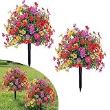 GINTBN 2Pack Artificial Petunias Flowers for Outdoors, 22inch Fake Bushes with Ground Stake Spring Decoration, UV Resistant Faux Summer Plants, Artificial Boxwood Topiary Ball Trees for Garden