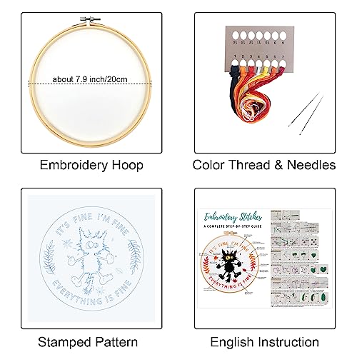 Image of Louise Maelys Everything is Fine Embroidery Kit for Beginners Cat DIY | Cross Stitch Kits Include Pre-Printed Fabric, Embroidery Hoop, Threads, Needles and Guide. Needlepoint Kit for Adults