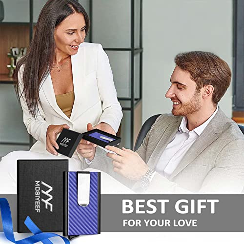 Mosiyeef Minimalist Wallet For Men, Rfid Blocking Card Wallet For Men, Card Holder With Money Clip With Leather Wrapped, Slim Front Pocket Automatic Pop Up Wallet Gifts For Men, Habor Blue #TOP6