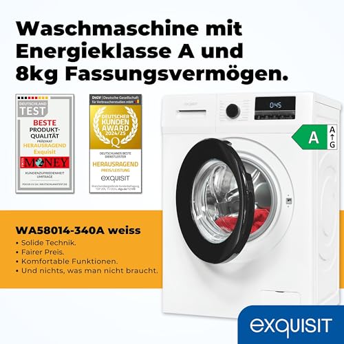 Exquisit Waschmaschine 8kg, Energieeffizienzklasse A, max. 1400 U/Min, Schnellprogramm, Startzeitvorwahl (3-24 Std.), Kindersicherung, Aquastop, ECO, 16 Waschprogramme, WA58014-340A weiss – Bild 4