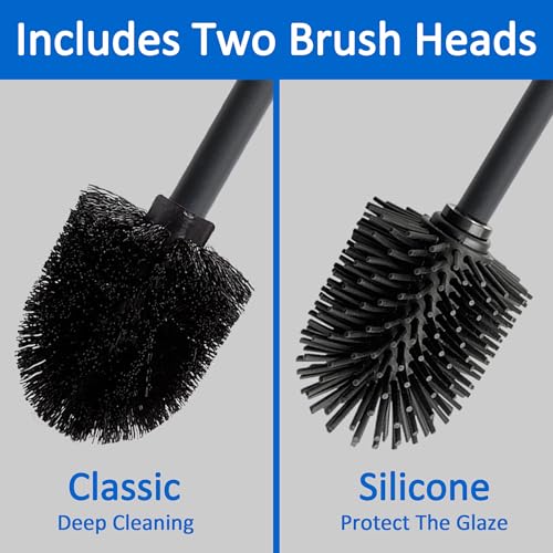 Image of Toilet Bowl Brush and Holder, Toilet Brush with Bamboo Handle and Covered Holder, Dual Brush Options, Weighted Metal Base (Black)