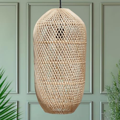 FOREVER BAMBOO Handcrafted Indonesian Natural Rattan Pendant Light Shade Wicker Light Fixtures Luxurious Cylinder Shape Woven Lampshade Chandelier Interior Decor, 21 in H x 10 in W