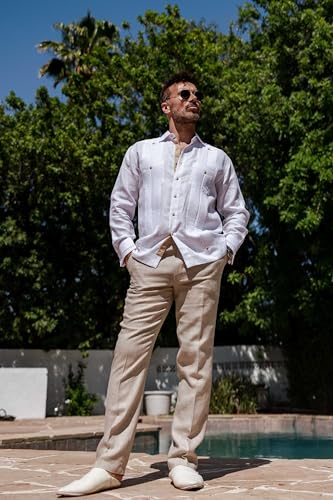 Mojito Men's 100% Linen Guayabera Chacabana Shirt Long Sleeve - Contrast Vertical & Collar Accent Trim3