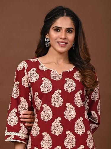 Image of Rimeline Women's Floral Printed Cotton Kurti Top | Round Notch Neck 3 /4 Sleeve Straight Fit Casual Tunic