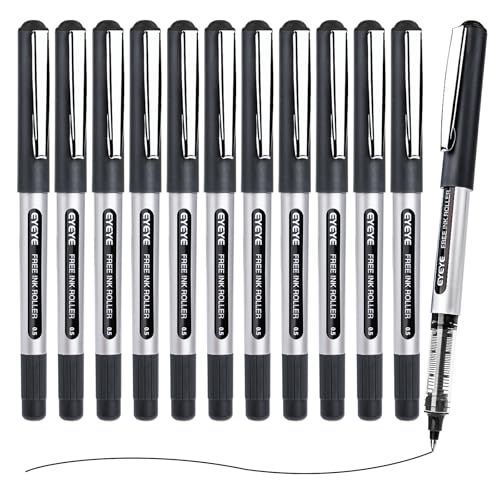 EYEYE Black Rollerball Pens 12 Pack 0.7mm Medium Point Roller Ball Pen Quick Dry Liquid Ink Pens Fine Point Smooth Writing Pens for Journaling Note Taking School Office Supplies