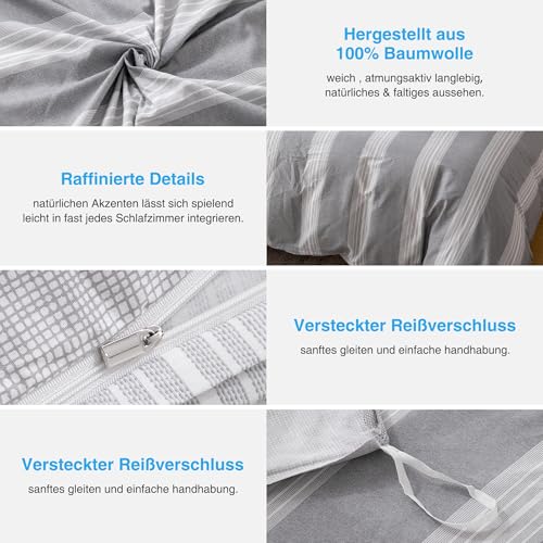 ATsense Bettwäsche 135x200 Baumwolle, 4 teilig Wende Bettwäsche-Sets mit Weiß&Grau Gestreiftes… – Ansicht 5