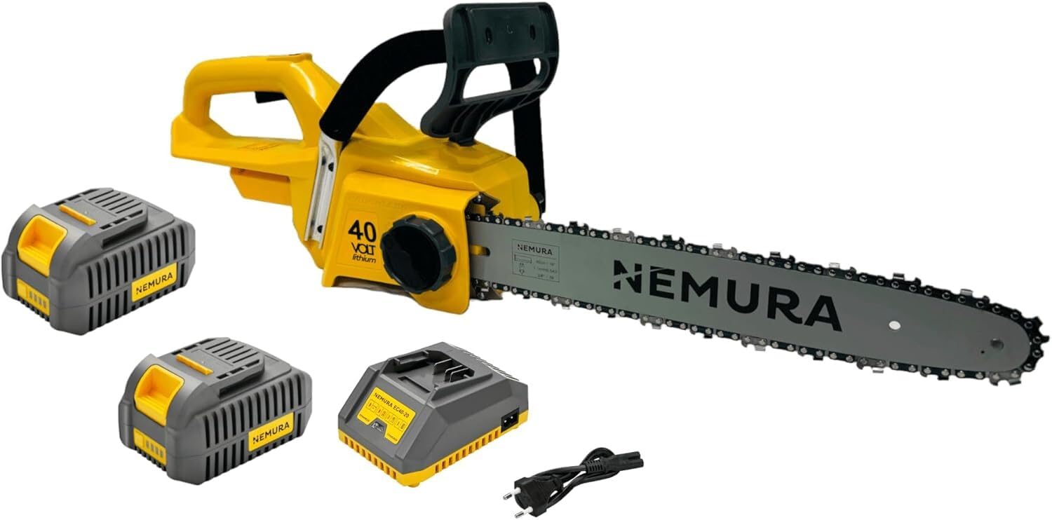 Nemura Motosega 2 batterie 4Ah - Guida 40 cm e Catena - Utensile da taglio elettrico 40V - con 2 Batterie e Caricabatterie - Motore senza spazzole - Utensili da giardino - SAC in Italiano