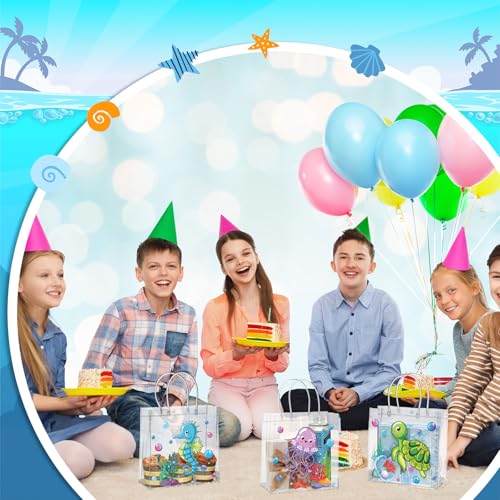 Image of Teenyyou 24 Pcs Sea Animal Party Favor Bags PVC Clear Ocean Gift Bags with Handle for Birthday Party Supplies