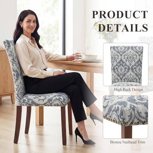 Image of COLAMY Upholstered Parsons Dining Chairs Set of 6, Fabric Dining Room Kitchen Side Chair with Nailhead Trim and Wood Legs - Blue /White Flower