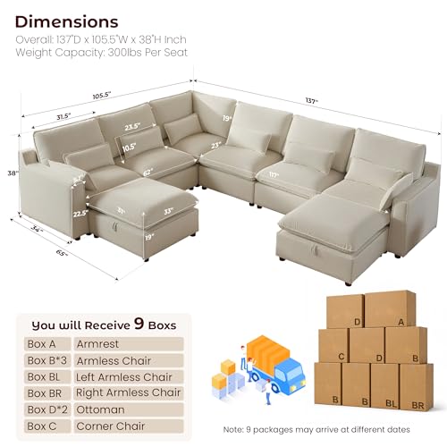 Image of WorthFurni Modern Modular Sectional Sofa,137 inch V Shape Sectional Cloud Couch with Storage Ottoman,Comfty 8 Seat Sofa for Living Room,Beige Chenille