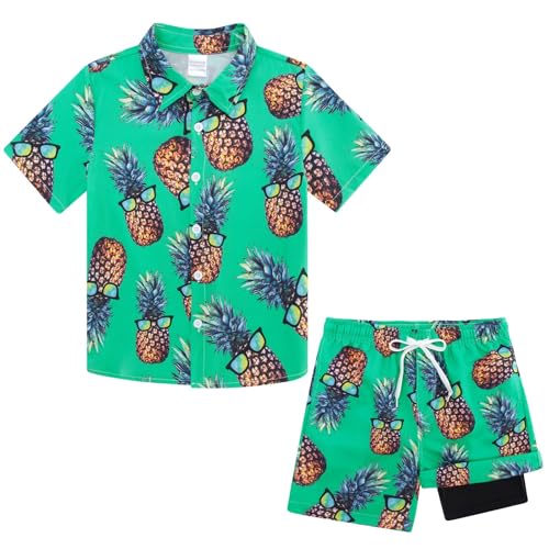 Image of UNICOMIDEA Boys Hawaiian Outfits Tropical Print Button Down Shirt + Swim Trunks 2 Piece Sets for 5-12T Kids