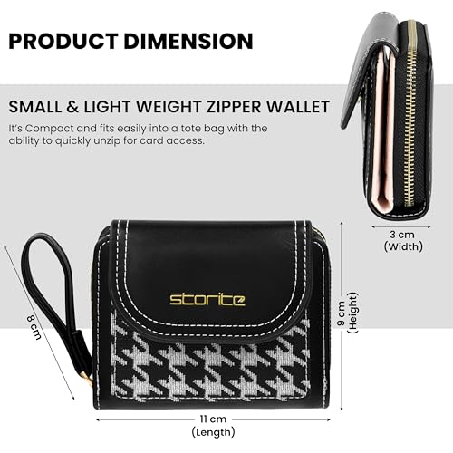 Image of Storite Women's Stylish Compact Leather Wallet 5 Card Slots,1 ID Window, Ladies Mini Purse Money Pocket with Zipper Closure (Black - 11 x 3 x 9 Cm)