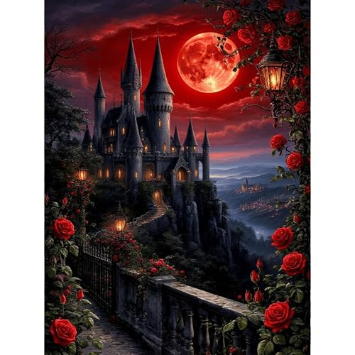 Image of Castle Stamped Cross Stitch Kits for Adults -Rose Embroidery Kits for Beginners Adults,11 CT Patterns Dimensions Counted Cross Stitch Kits for Adults Arts Craft 12x16 inch