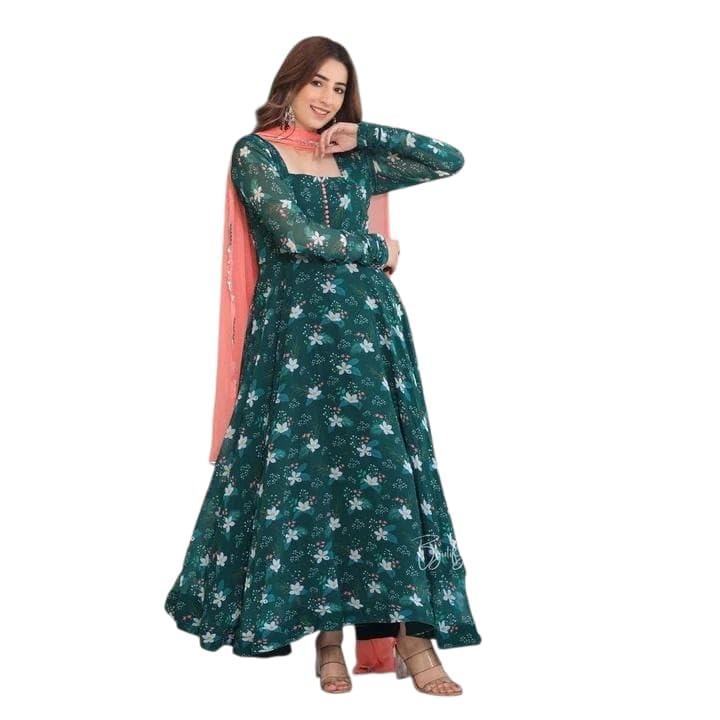 Image of KD Women's Floral Printed Georgette Anarkali Kurta Set With Dupatta, Traditional Salwar Suit, Long Sleeve Ethnic Dress