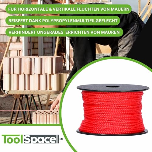 ToolSpace Maurerschnur Bauschnur - 100m x 1.6 mm - Rot - Polypropylen-Seide - Richtschnur - Lotschnur - Stärke Pflasterschnur - langlebig & reißfest - Maurerschnur für Wasserwaage