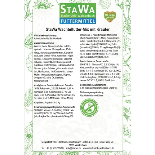 StaWa Wachtelfutter-Mix mit Kräuter, ohne Gentechnik, 10 kg