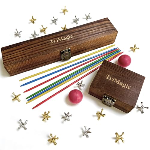 TriMagic Jacks Game Bundle with Pick Up Sticks Game in Wooden Gift Boxes