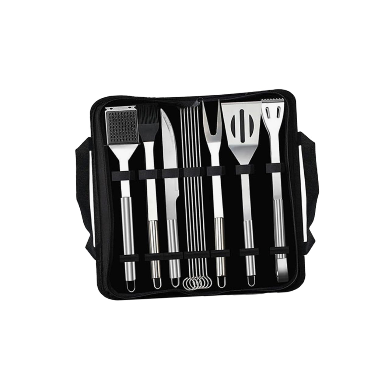 Set Utensili Barbecue 12 Pezzi in Acciaio Inox con Borsa Nera | Spatola, Pinza, Coltello, Forchetta, Spazzola e Spiedo, per Picnic e Campeggio, Accessori da Griglia